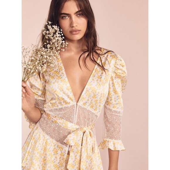 For Love and Lemons | Daffodil Yellow Stretch Satin Floral Print & Lace Robe - Picture 1 of 12
